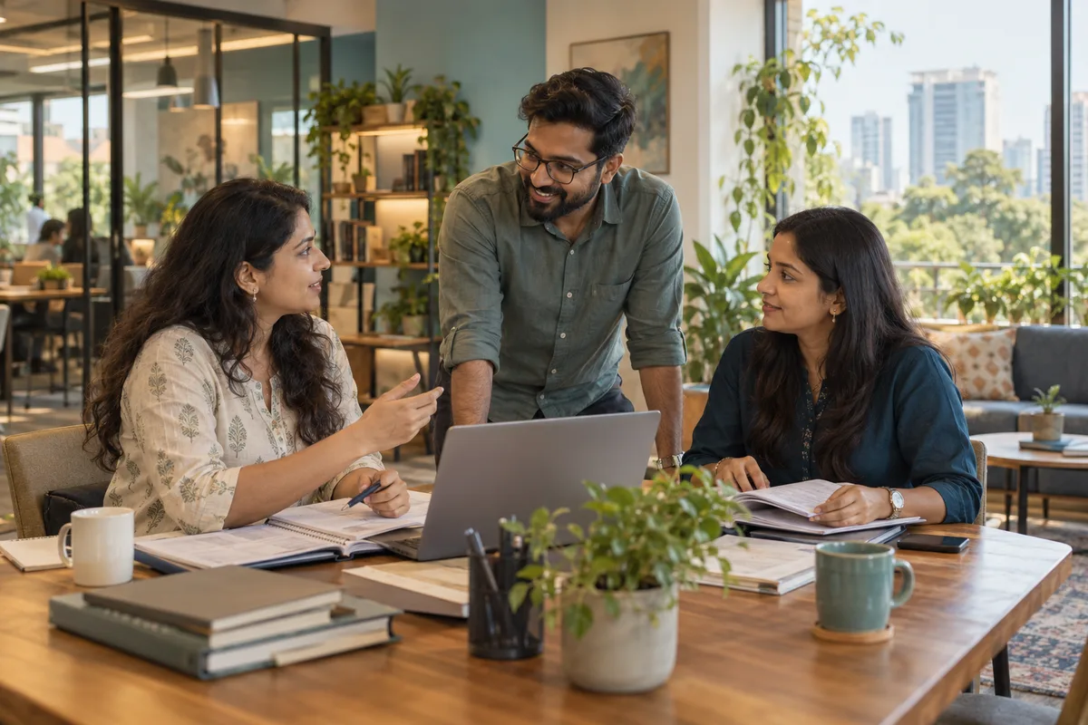 Indian HR colleagues collaborating around a table in a sunlit office